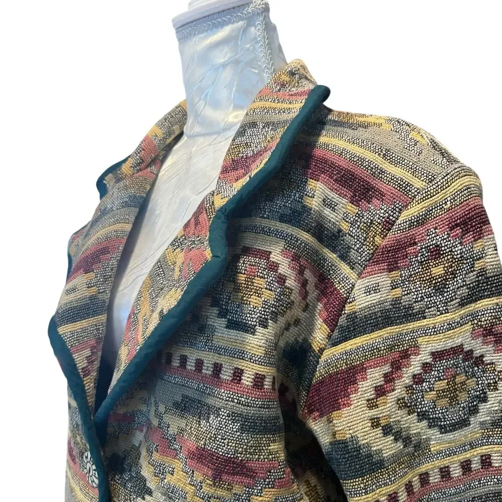 Vintage Patchwork Blazer Womens Size LP Tan Stripe Cotton Aztec Southwestern - Picture 8 of 16